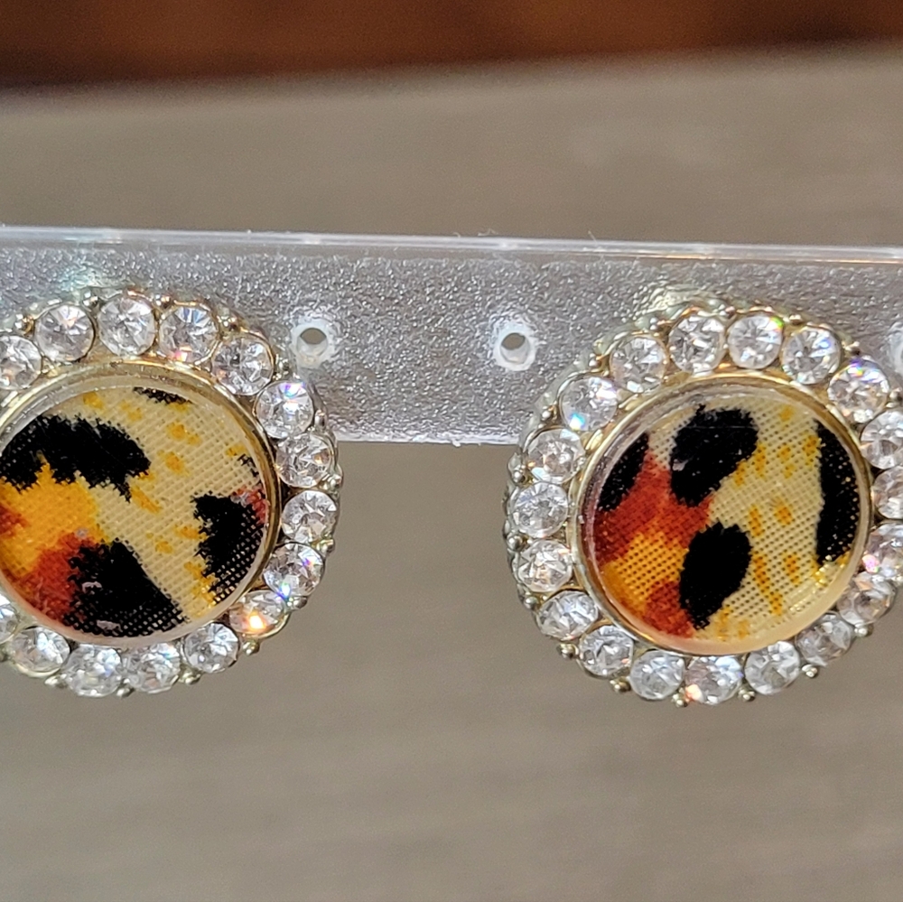 Retro Leopard Print Rhinestone Disk Earrings Pierced Posts Fashion Jewelry